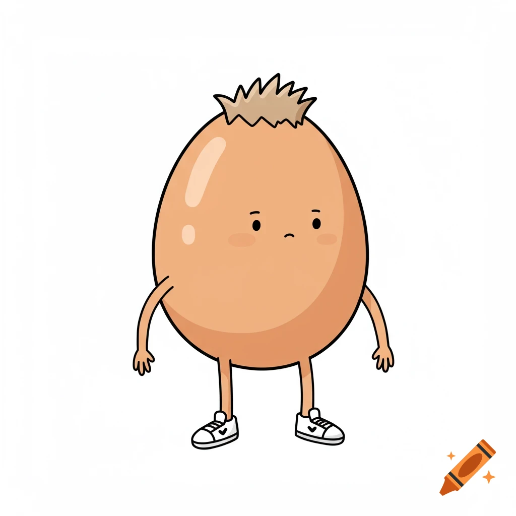 A minimalist line drawing of a cartoon egg character with arms, legs in white sneakers, a face, and spiky brown hair on a white background.