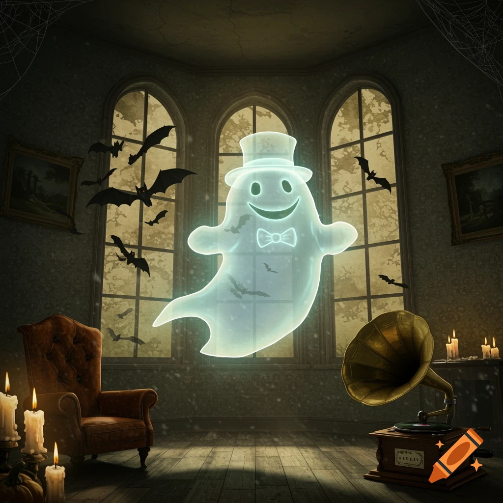 A glowing white ghost with a top hat floats in a spooky, dark room with bats, a gramophone, an armchair, and candles.