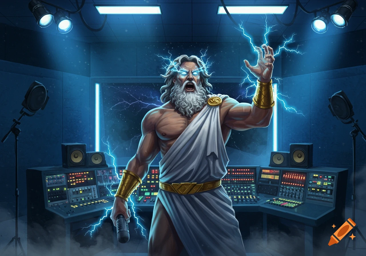 Zeus, a powerful mythological figure, holds a microphone and generates lightning in a modern recording studio, in an epic illustration.