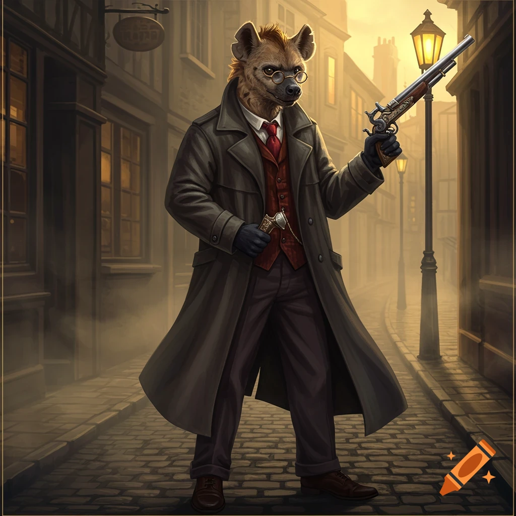 A dapper anthropomorphic hyena detective in a trench coat and eyeglasses, holding a flintlock pistol on a gaslit street.