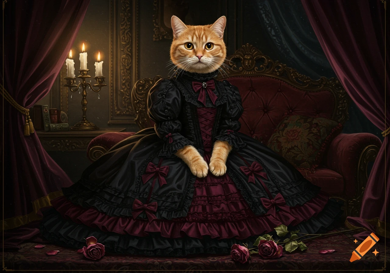 An orange cat in a black and red Victorian gown sits on a velvet couch in a dimly lit room with roses.