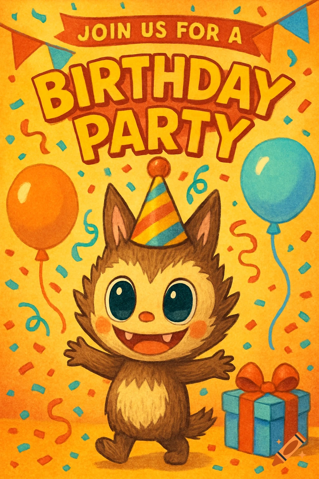 A cute furry cartoon character with a party hat on a yellow birthday invitation with balloons, confetti, and a gift.