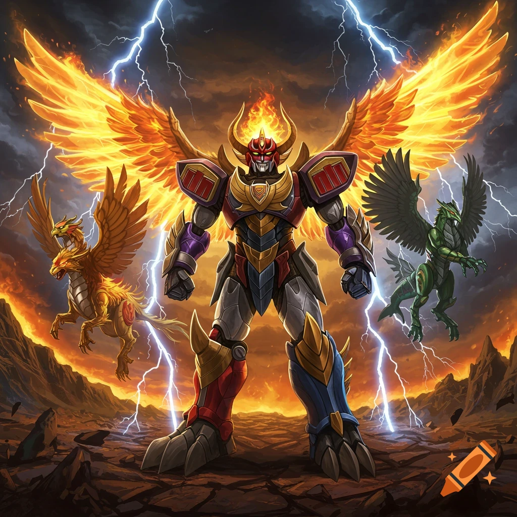 A powerful robot with flaming wings stands on a rocky plain, flanked by a two-headed golden dragon and a green griffin, under a stormy sky with lightning.