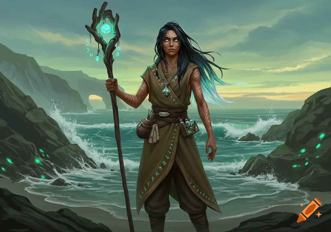A dark-skinned female fantasy character with long dark-to-light hair and glowing green eyes stands on a rocky beach, holding a glowing staff. She wears a brown robe with green runes, with cliffs and ocean waves in the background.