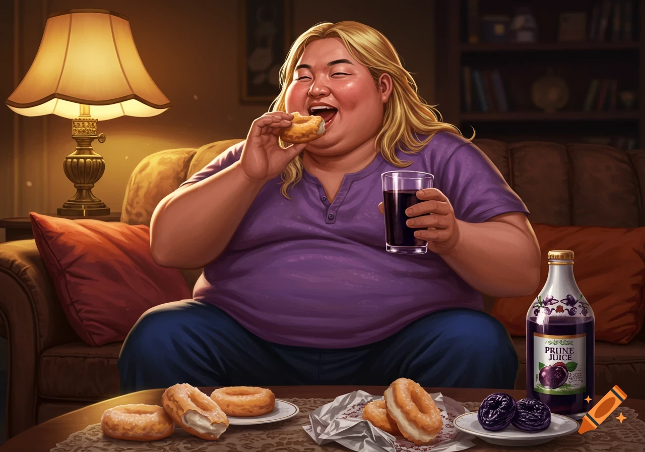 An overweight person with long blonde hair happily eats a donut and drinks prune juice while sitting on a couch in a living room, cartoon style.