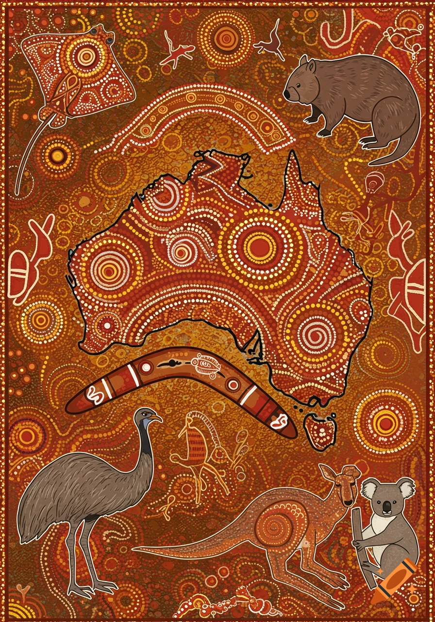 An Australian Aboriginal dot painting featuring a map of Australia, a boomerang, a stingray, a wombat, an emu, a kangaroo, and a koala against a background of concentric circles and lines in earthy tones.