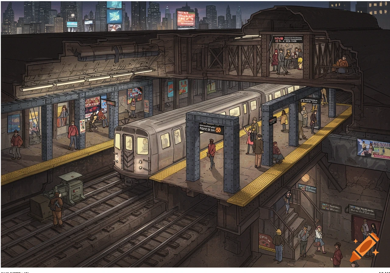 An illustrated cross-section view of a bustling NYC subway station with a train on the tracks and people on platforms.