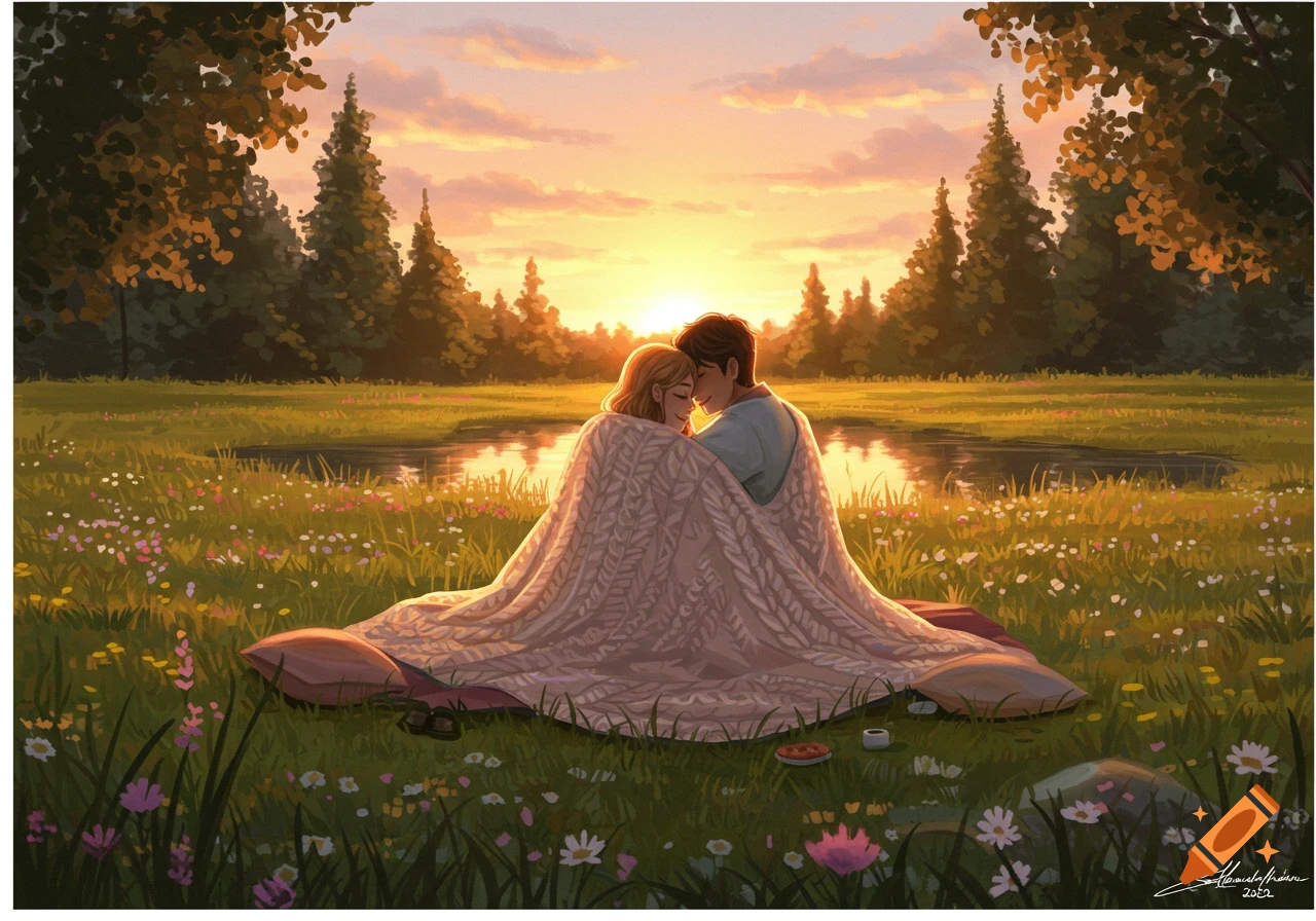 An illustrated romantic scene of a couple cuddling under a blanket in a field of wildflowers at sunset.