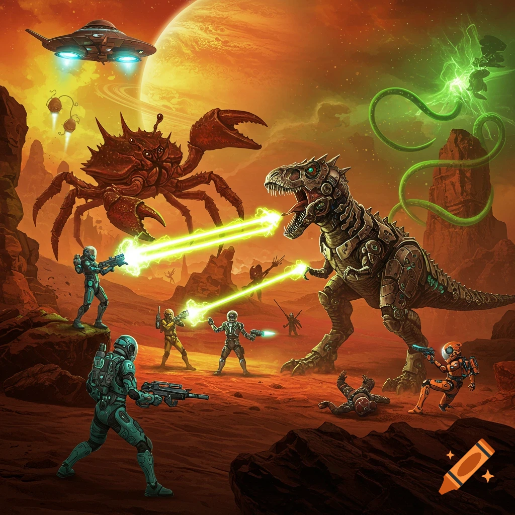 A vibrant sci-fi illustration depicts a giant red crab battling a mechanical dinosaur, amidst futuristic soldiers firing lasers on a reddish-brown alien planet with a UFO hovering above.