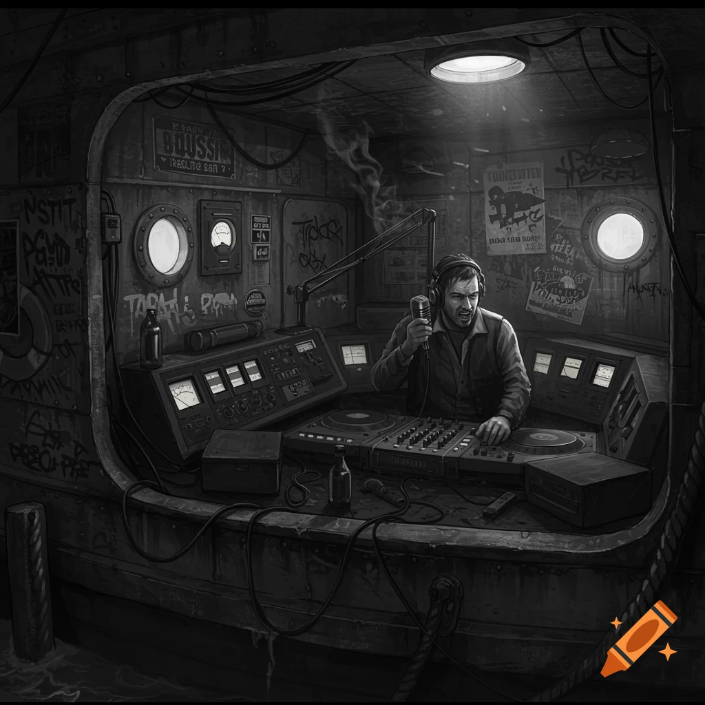 A man with headphones broadcasts from a makeshift radio station inside a boat, in a dark, gritty black and white style.