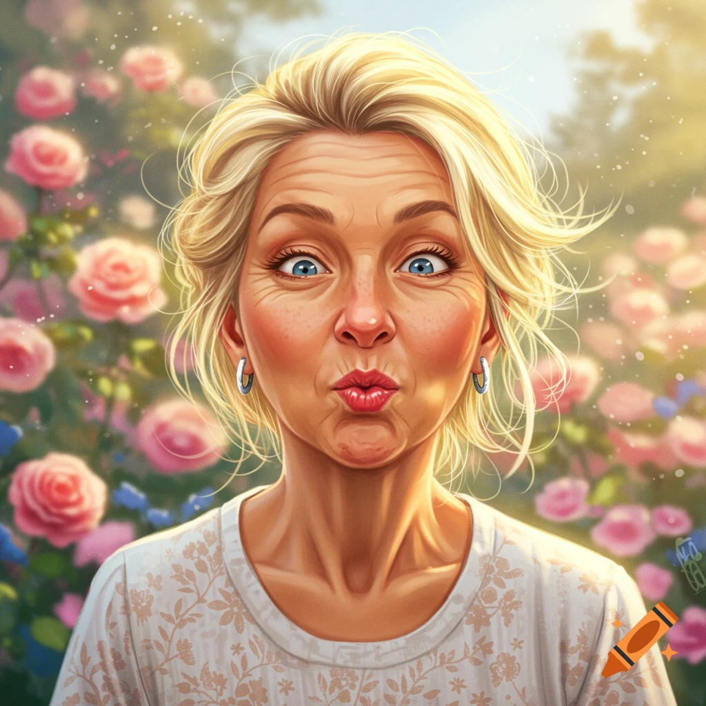 A blond woman with blue eyes makes a silly puckered face in a vibrant rose garden, stylized illustration.