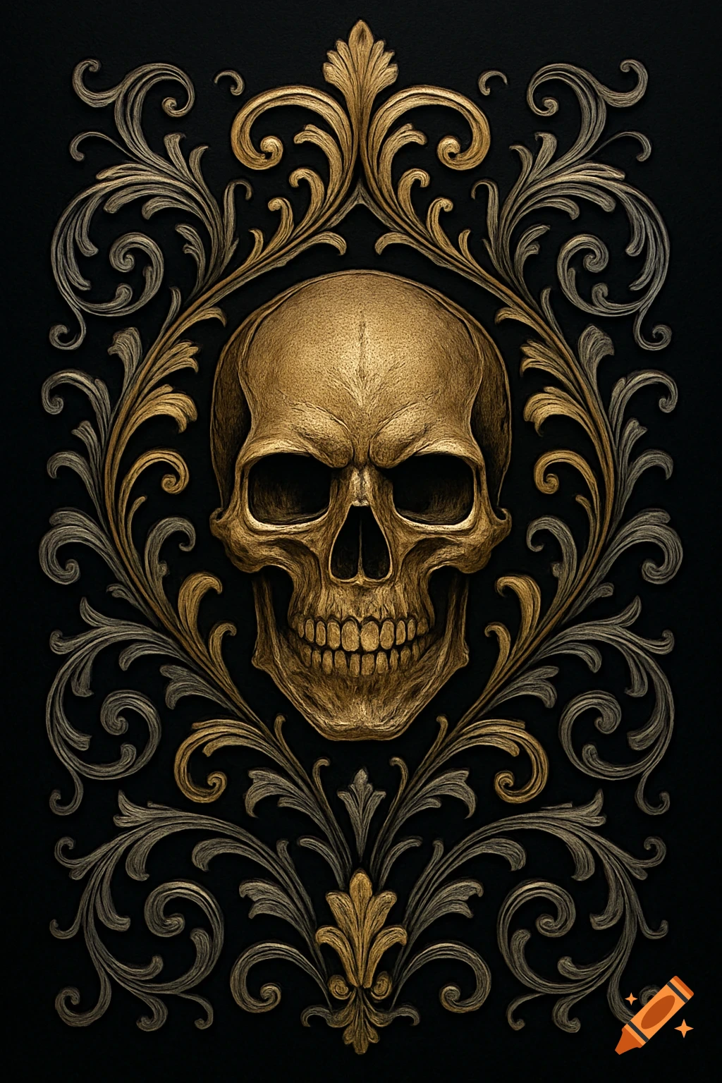 A detailed golden skull against a black background, framed by intricate gold and silver ornamental scrolls.