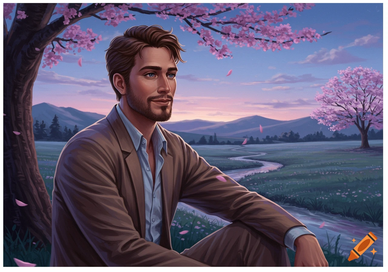 Digital painting of a man with a beard sitting under a cherry blossom tree by a winding stream at sunset.