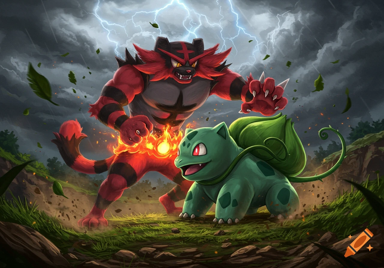 Incineroar and Bulbasaur stand ready for battle under a stormy sky with lightning.