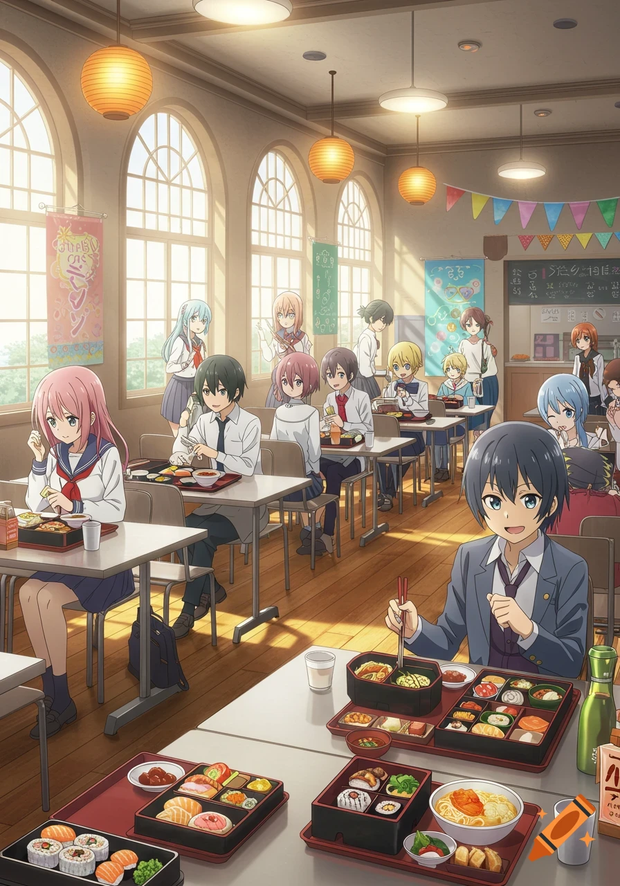 A busy anime-style school cafeteria where students are seated at tables, eating lunch from bento boxes and bowls. Sunlight streams through large arched windows.
