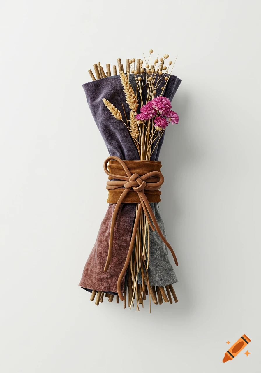 Photorealistic image of a decorative bundle of fabric, sticks, dried pink flowers, and wheat stalks tied with a brown leather cord, set against a white background.