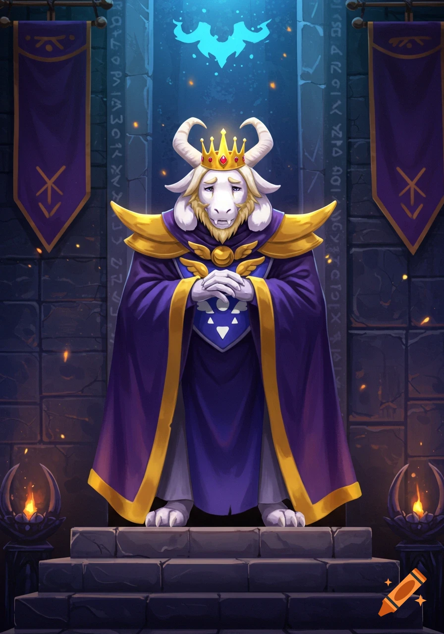 Asgore Dreemurr, a goat-like king, stands on a stone platform in a dimly lit hall, wearing a purple and gold robe and crown.