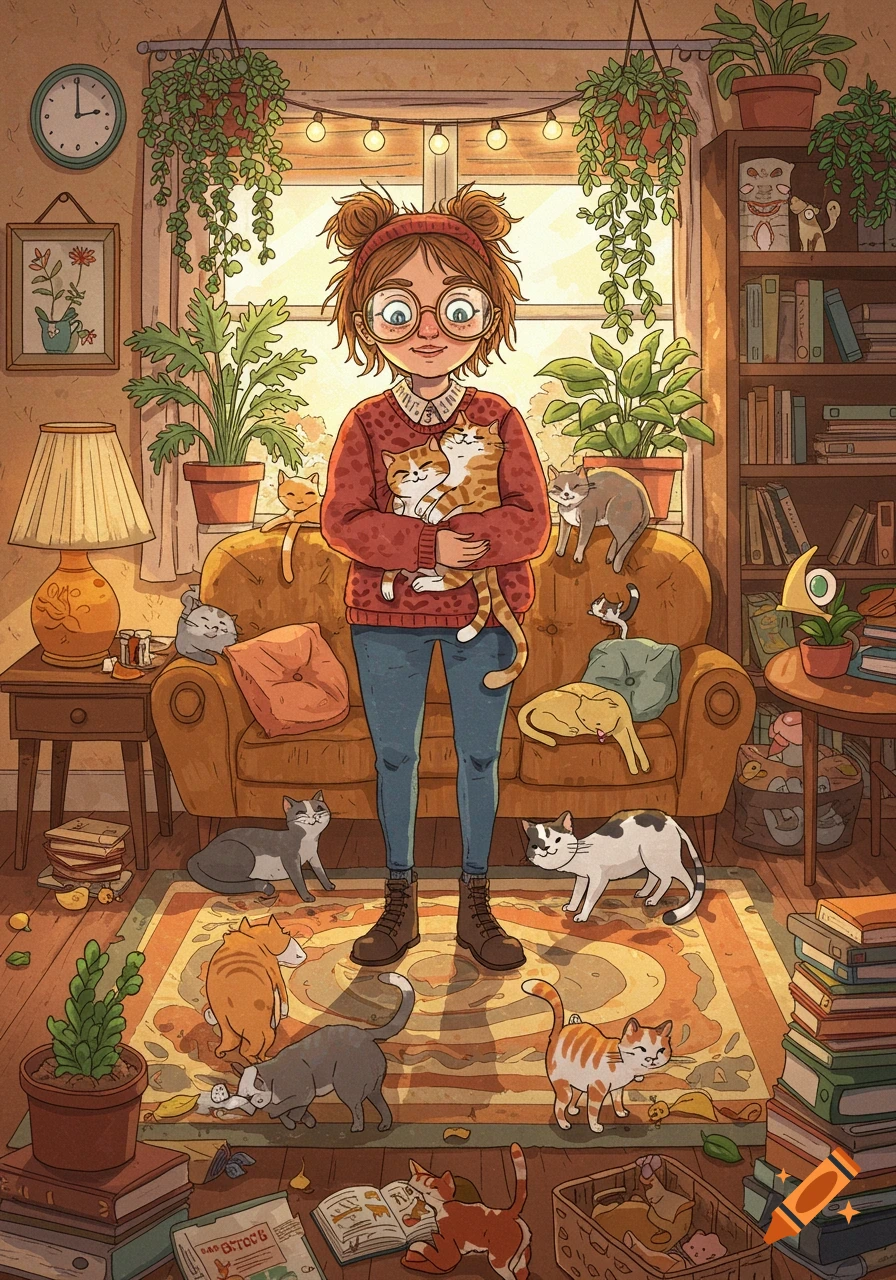 A cartoon illustration of a happy woman holding two cats, surrounded by many other cats in a cozy, plant-filled room with books.