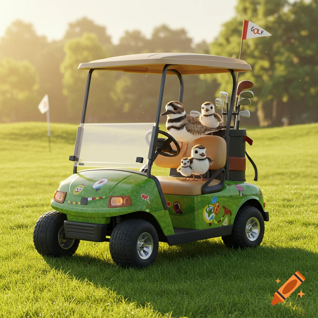 A family of killdeer birds rides a green golf cart on a sunny golf course, with golf clubs and a 'GOLF' flag.
