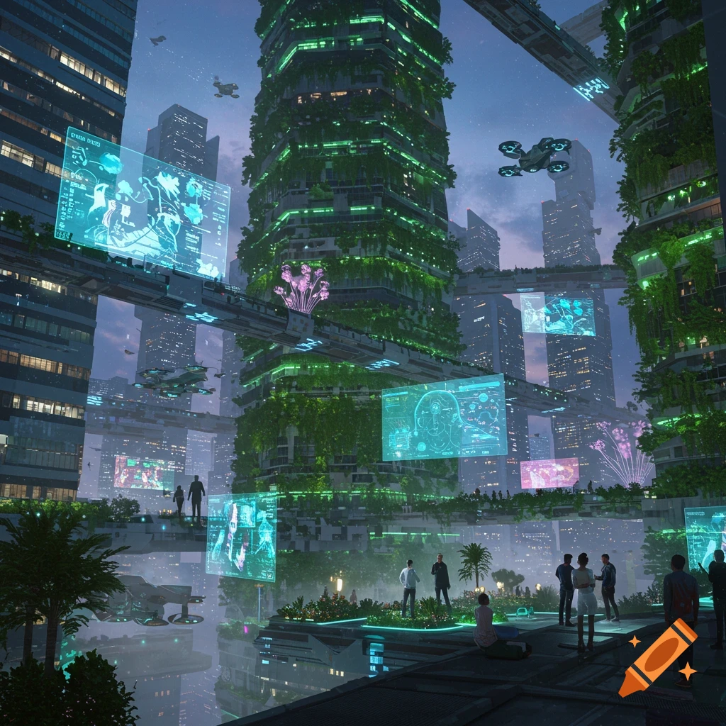 A vibrant futuristic city with lush green buildings, interconnected skywalks, flying drones, and holographic screens, as people gather on elevated platforms.
