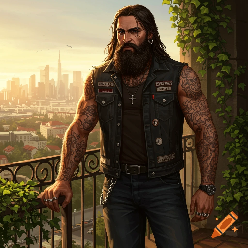A long-haired, bearded biker man with tattoos and a vest stands on a balcony overlooking a city at sunset.