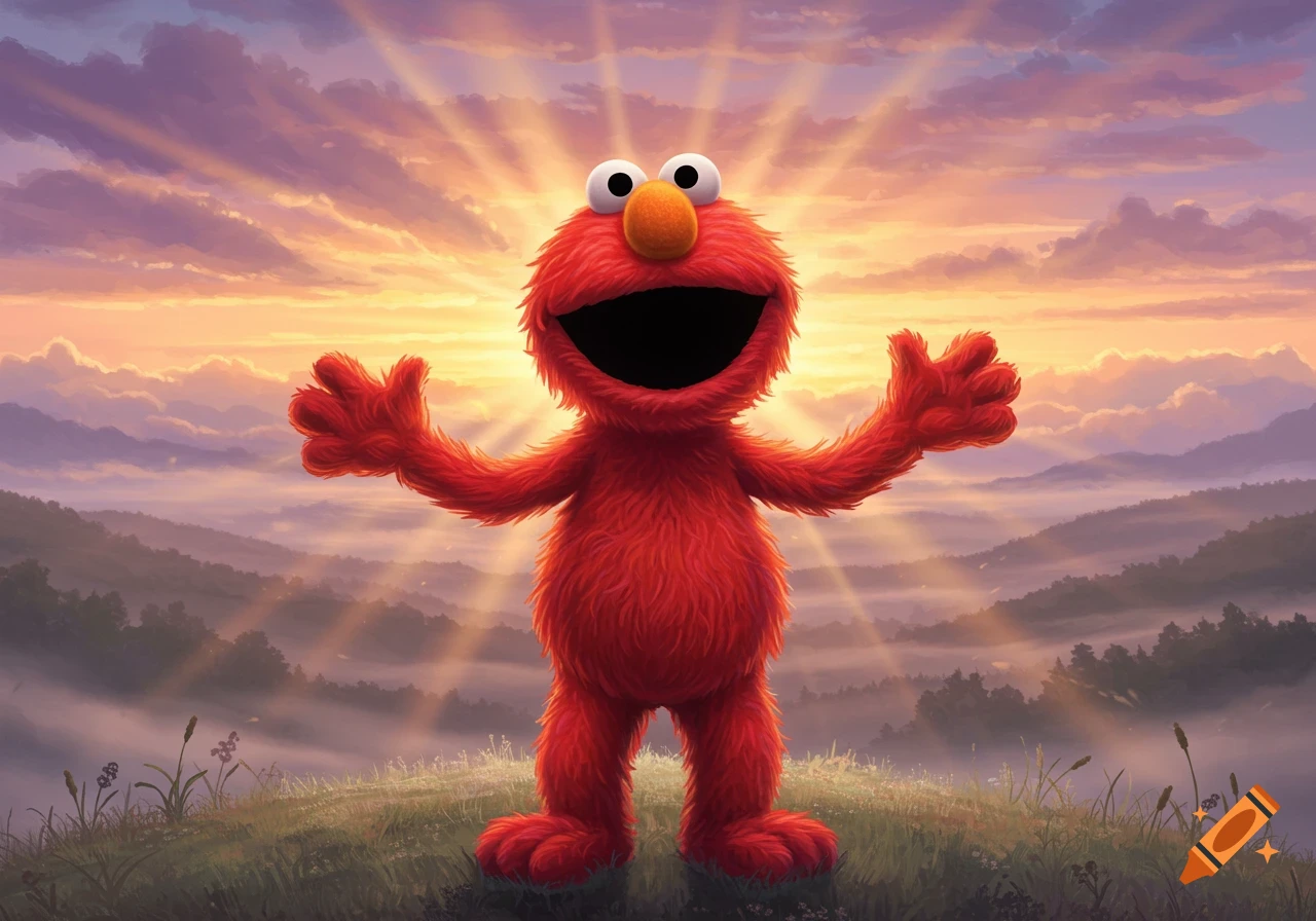 Elmo stands on a grassy hill with arms outstretched, silhouetted against a vibrant sunrise over misty mountains. Digital art.