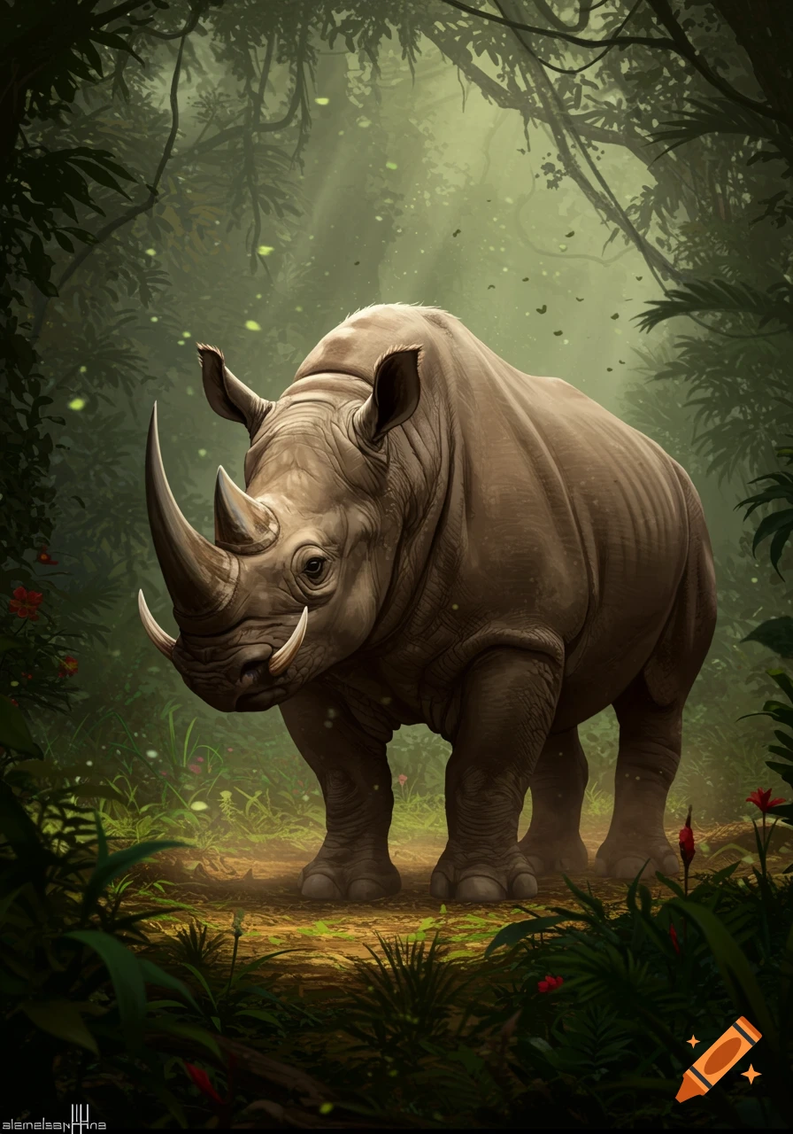 A majestic rhino stands in a lush, detailed jungle with dappled sunlight filtering through the canopy.