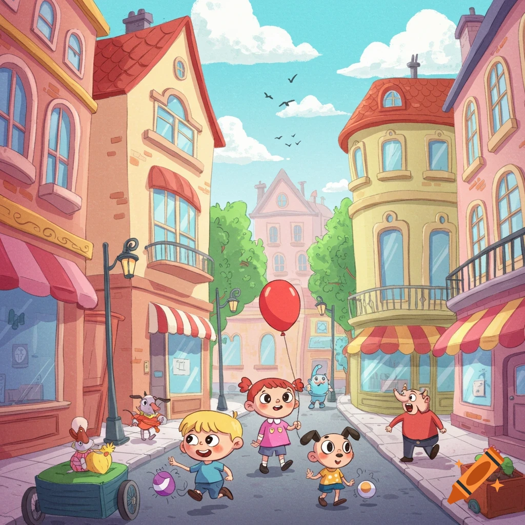 Cartoon children and animals playing on a sunny street with colorful buildings.