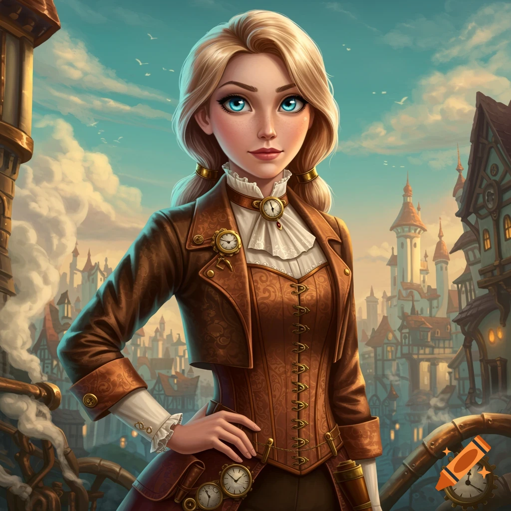 A blonde woman with blue eyes in a detailed steampunk outfit stands in a whimsical steampunk city illustration.
