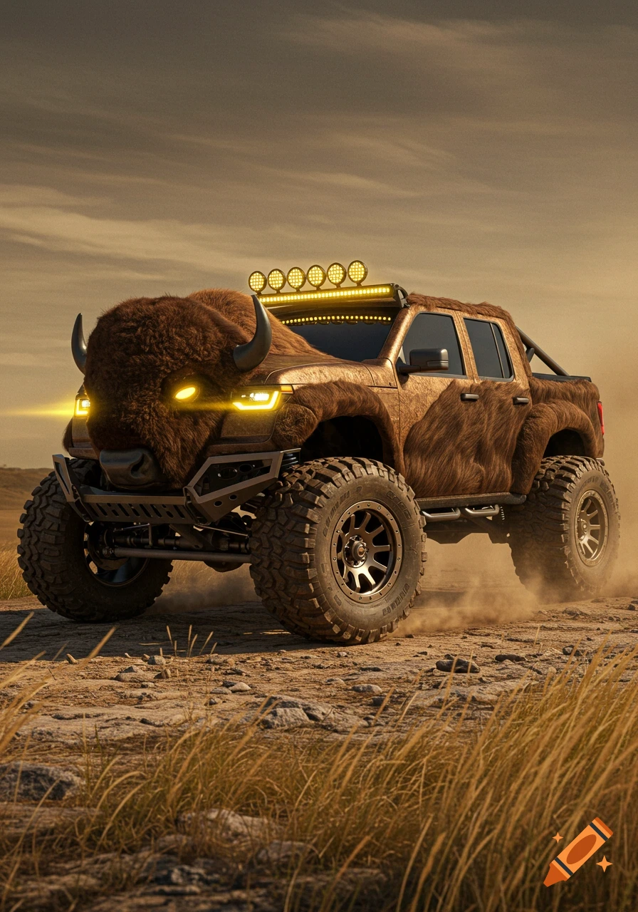 A photorealistic custom offroad truck with a bison-themed front, driving on a dusty dirt road under a cloudy sky.