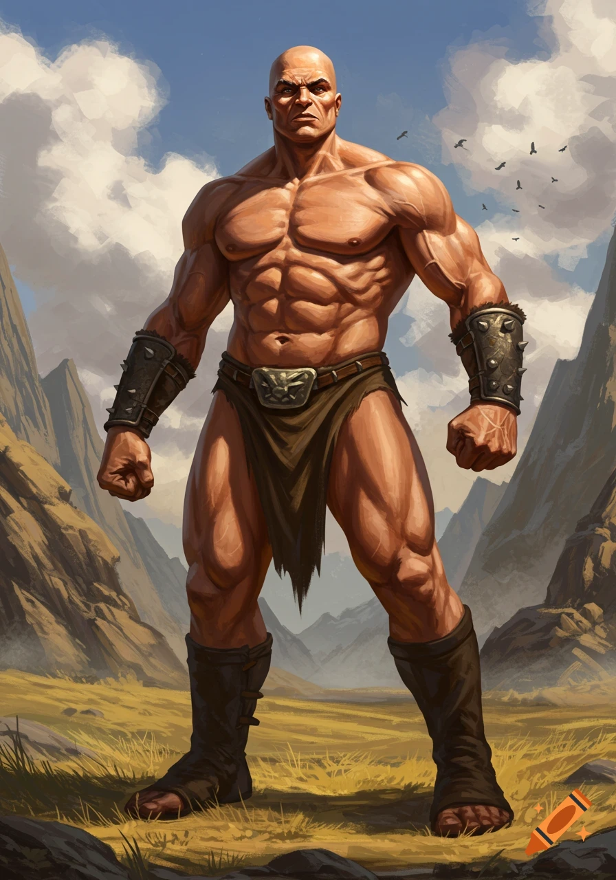 A muscular, bald barbarian in a loincloth and leather bracers stands in a mountainous, grassy landscape under a cloudy sky.