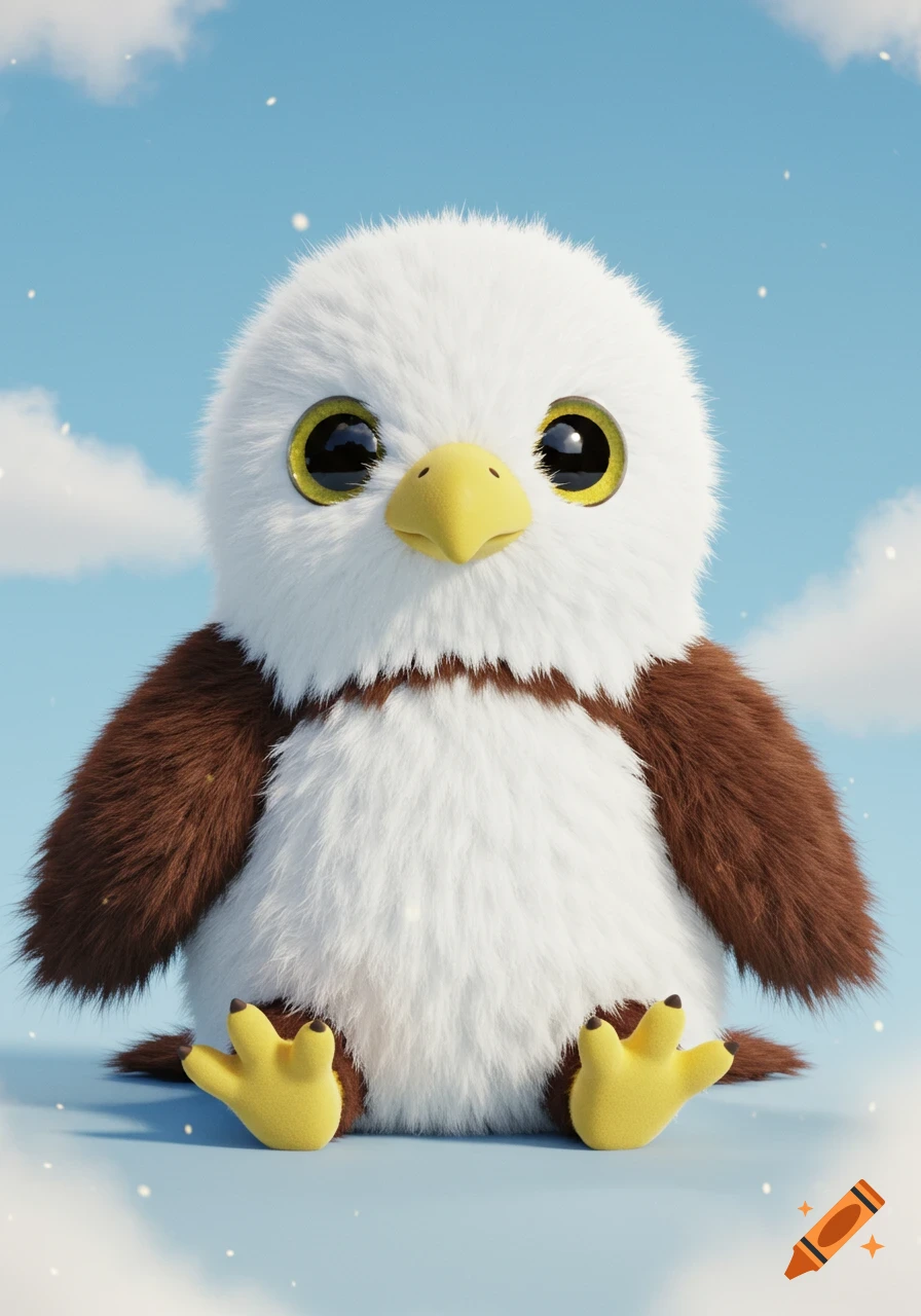 A cute, fluffy bald eagle plushy with big eyes sits under a blue sky with clouds.