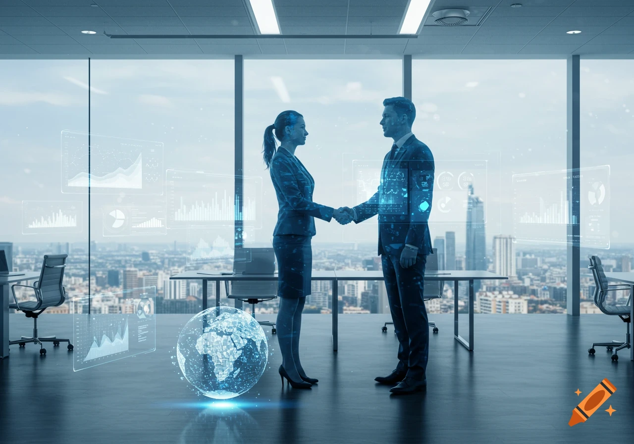 A man and woman in business attire shake hands in a modern office with holographic data displays and a glowing digital globe.