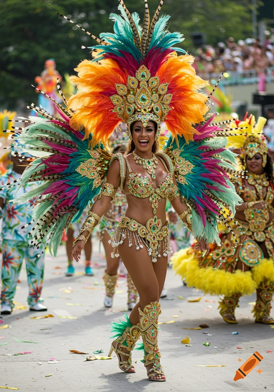 A woman in an elaborate, colorful feather and jewel-encrusted carnival costume smiles and dances at a parade.