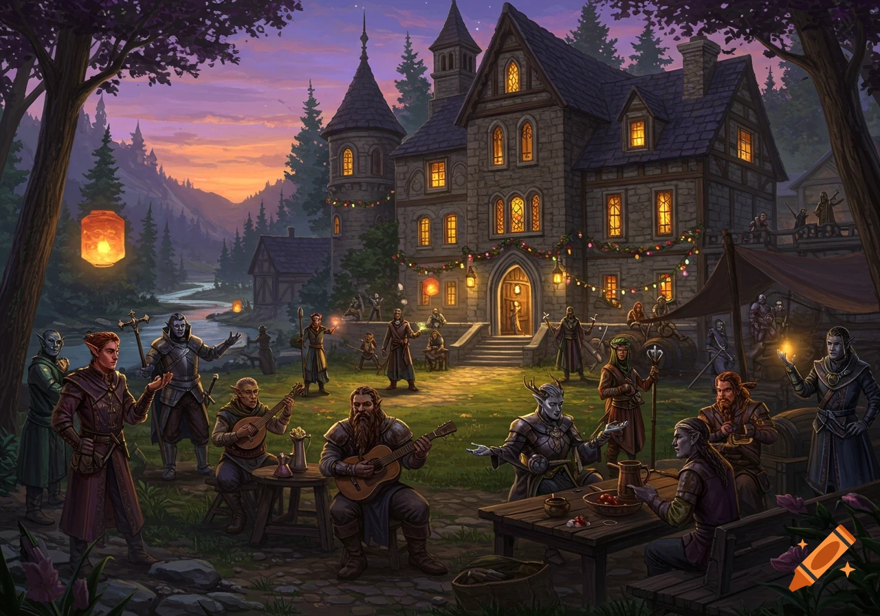 A vibrant fantasy illustration of a large stone manor decorated for a celebration at sunset, with diverse fantasy characters gathering outside.