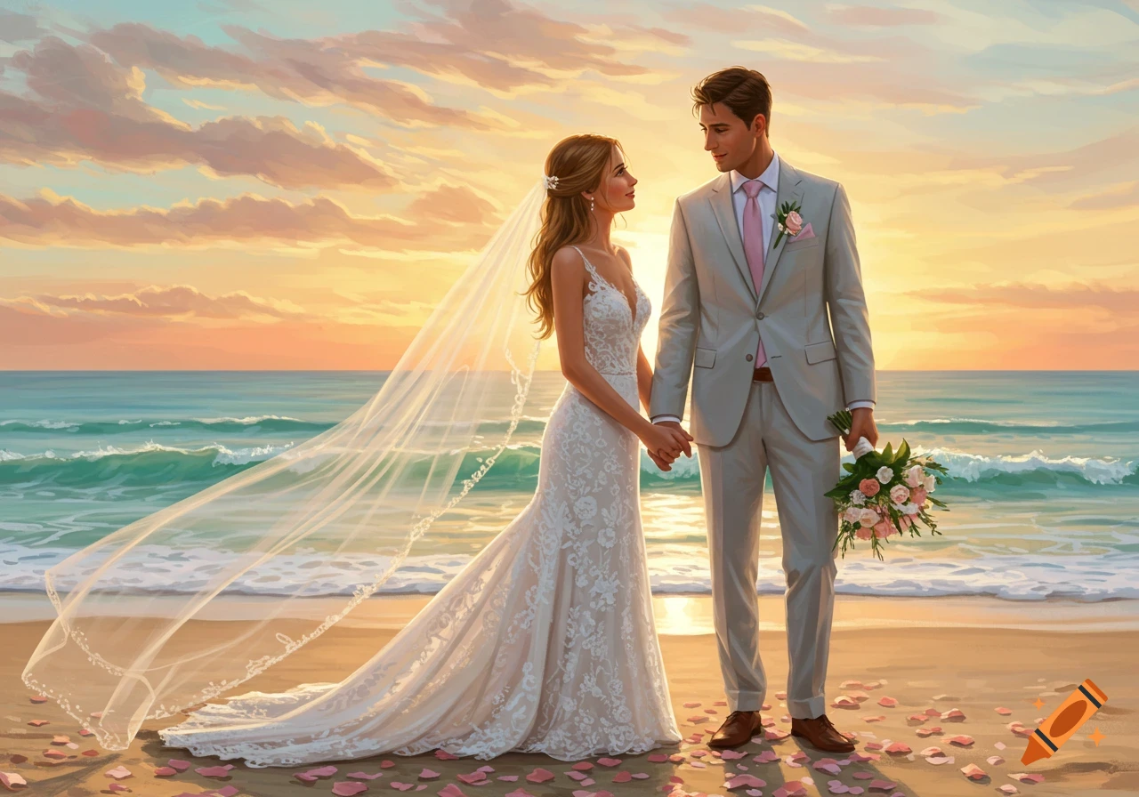 A bride in a white gown and a groom in a gray suit holding hands on a beach at sunset, with rose petals on the sand.