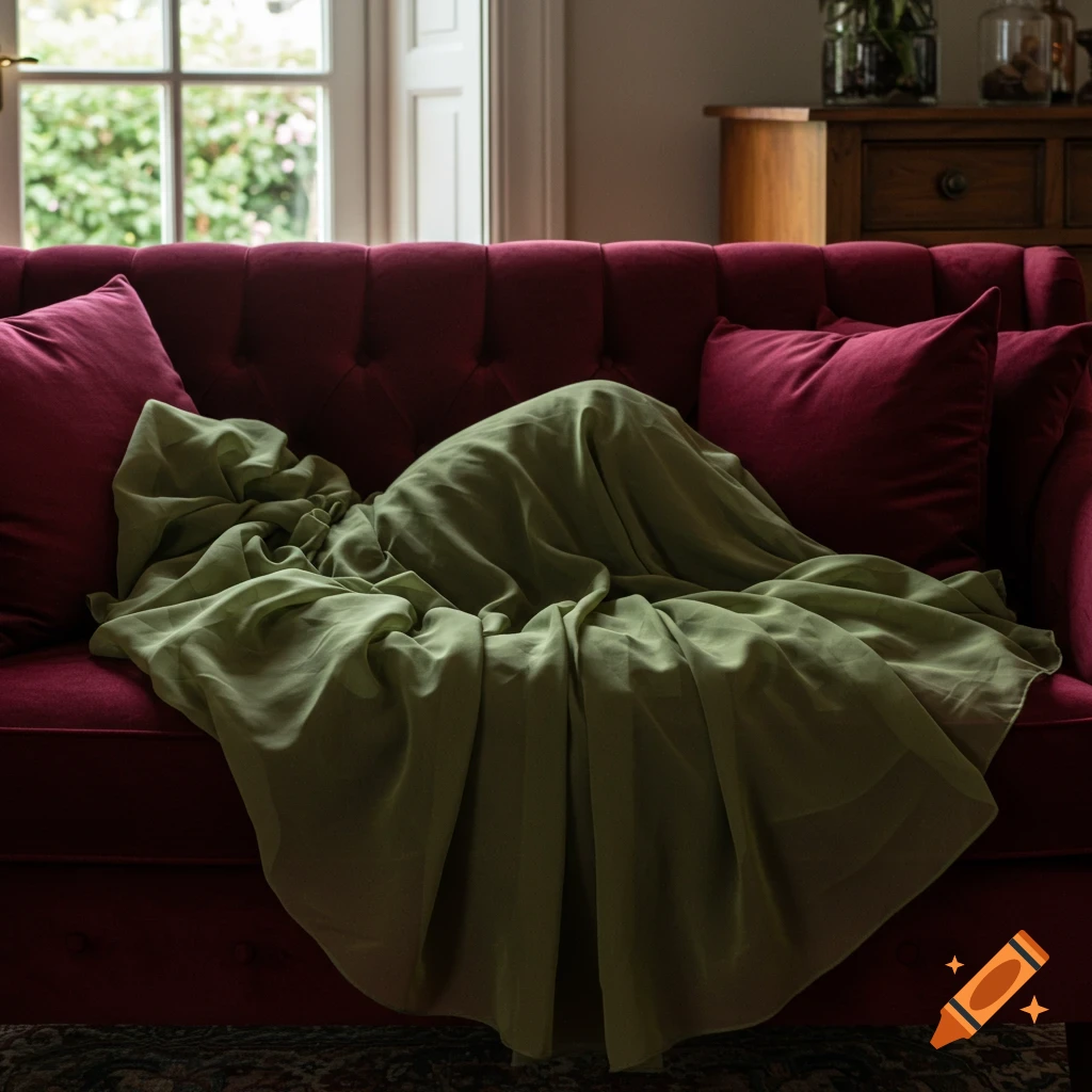 An olive green blanket is draped over a burgundy sofa with two maroon cushions. A window is visible in the background.