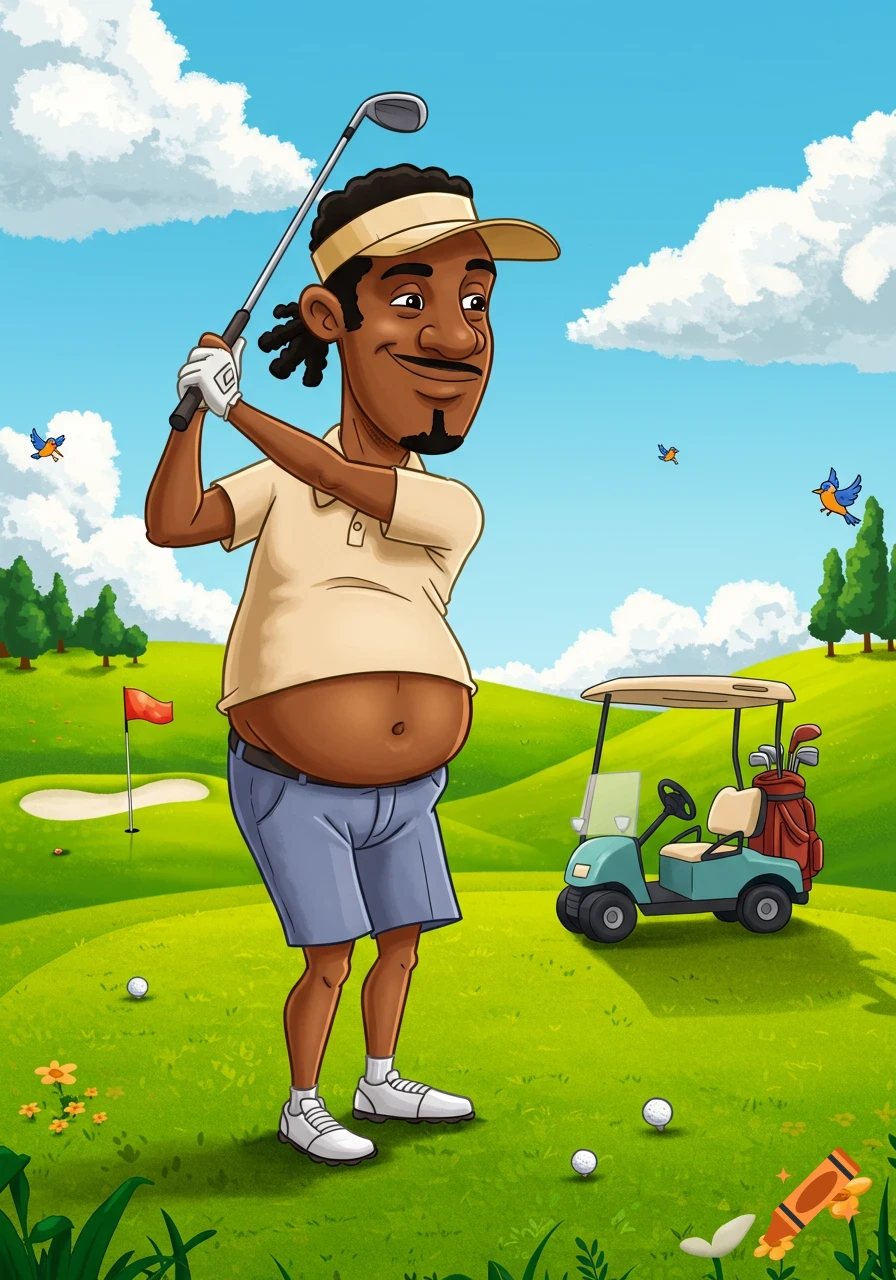 A cartoon man with a dad bod swinging a golf club on a bright green golf course with a golf cart nearby.