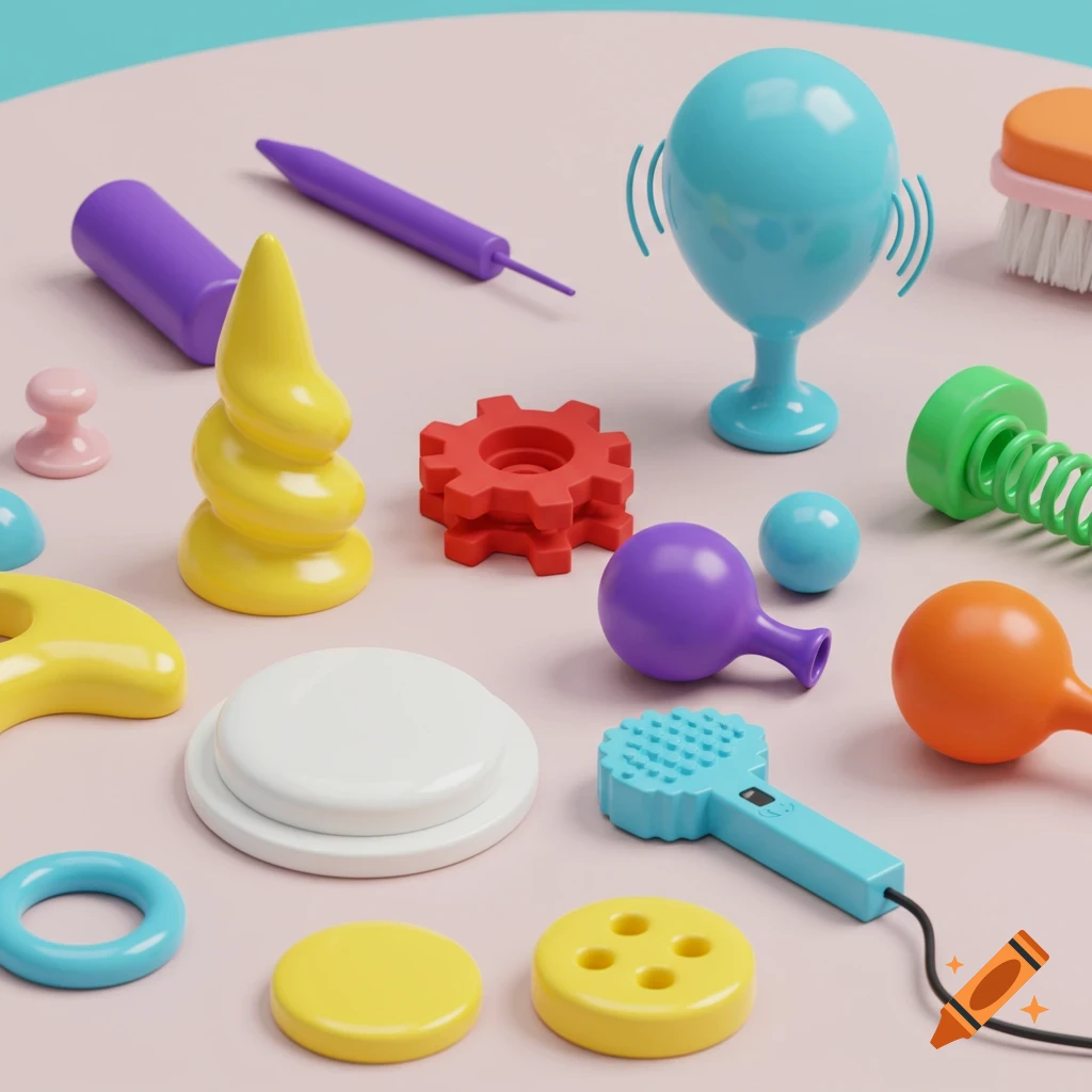 A collection of colorful, glossy, abstract toy-like objects arranged on a light pink surface.