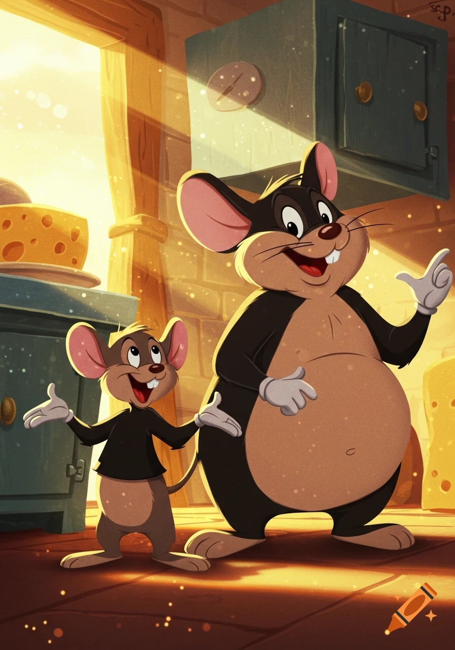 Two cartoon mice, one large and one small, smile in a kitchen with cheese, bathed in golden light from a window.