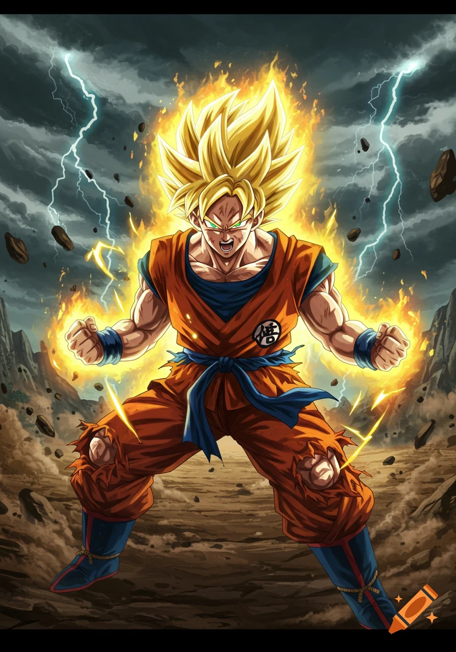Goku in Super Saiyan form, engulfed in golden energy, stands ready for battle amidst flying debris and lightning, in an anime style.