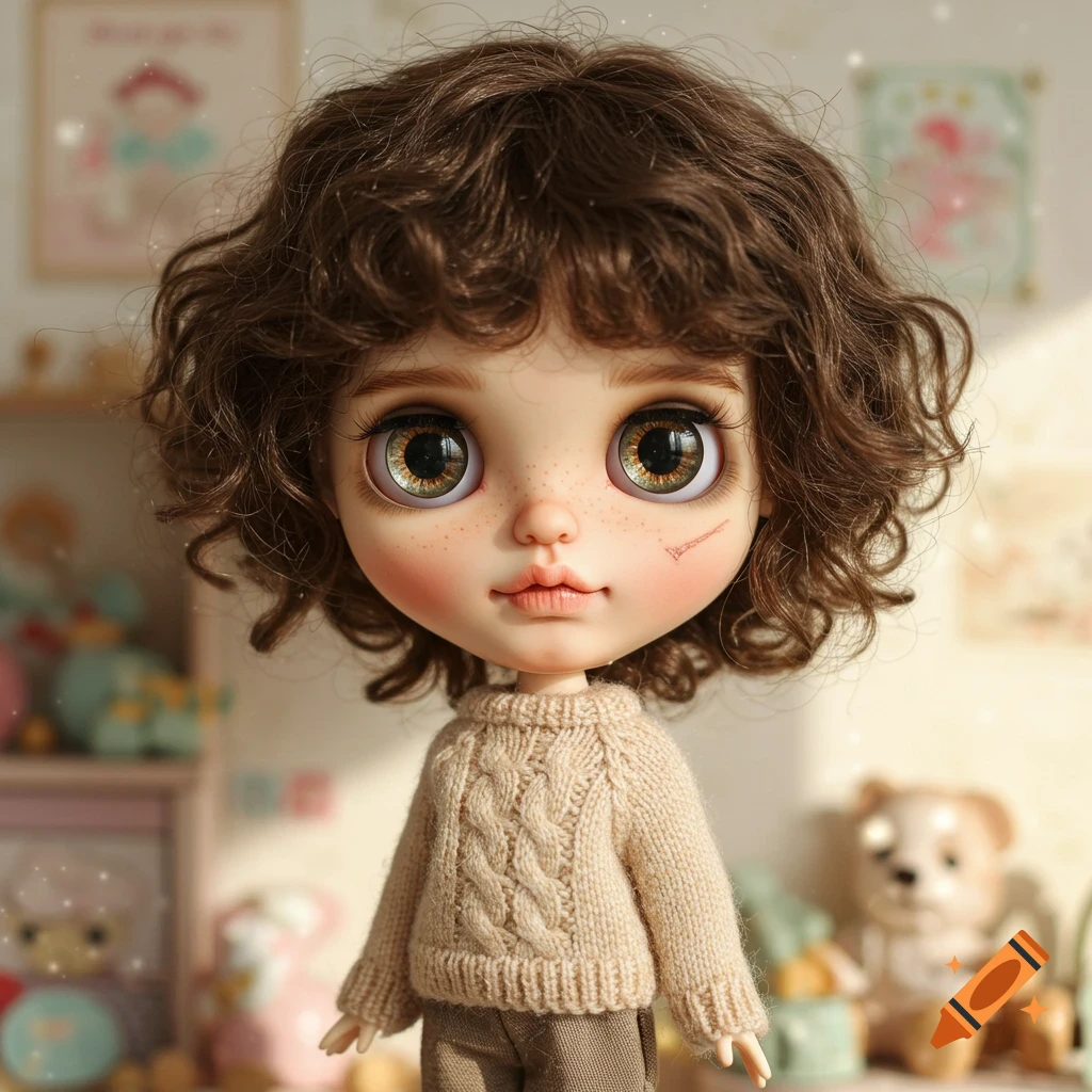 Close-up of a Blythe doll with brown curly hair, hazel eyes, a tiny scar, and a beige knitted sweater, in a softly lit room.