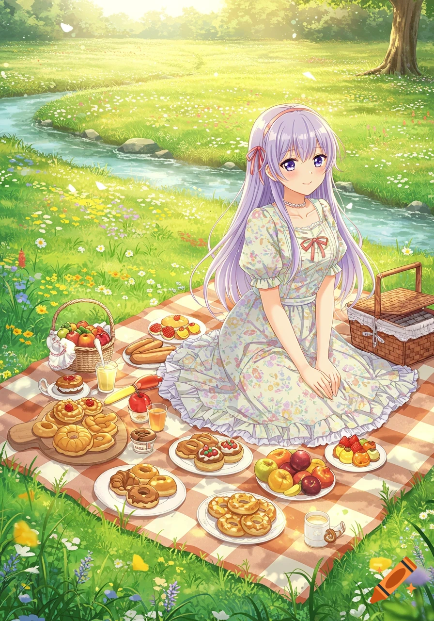 An anime girl in a floral dress sits on a plaid picnic blanket filled with food and fruits by a stream in a sunny, flower-filled field.