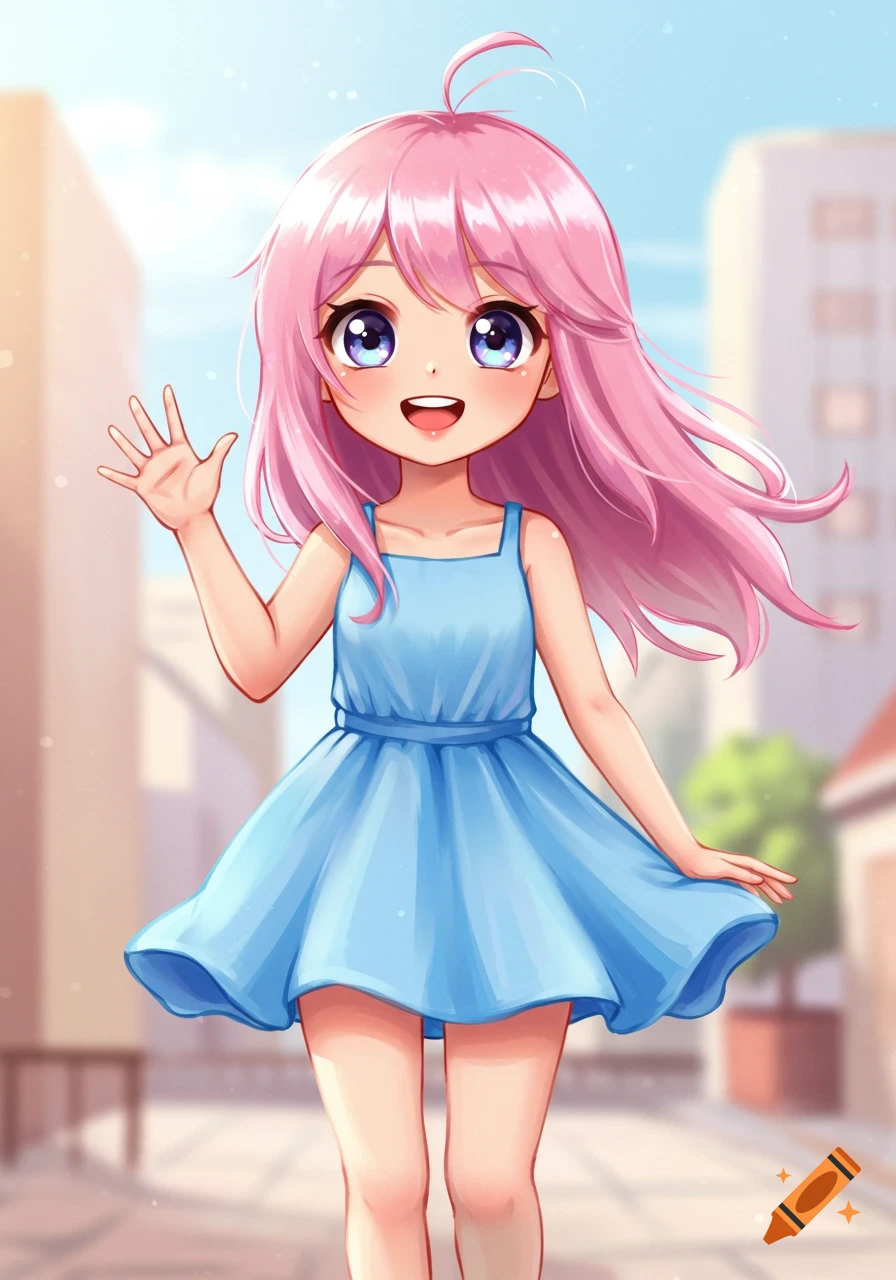 An anime girl with long pink hair, wearing a blue dress, smiles and waves in an outdoor setting.