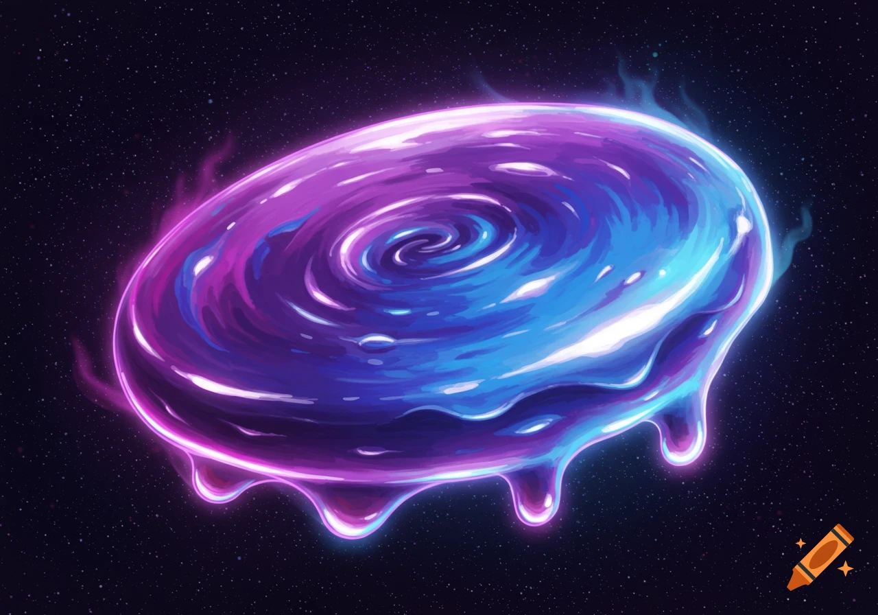 A stylized glowing purple and blue swirled disk with liquid drips in outer space with stars.