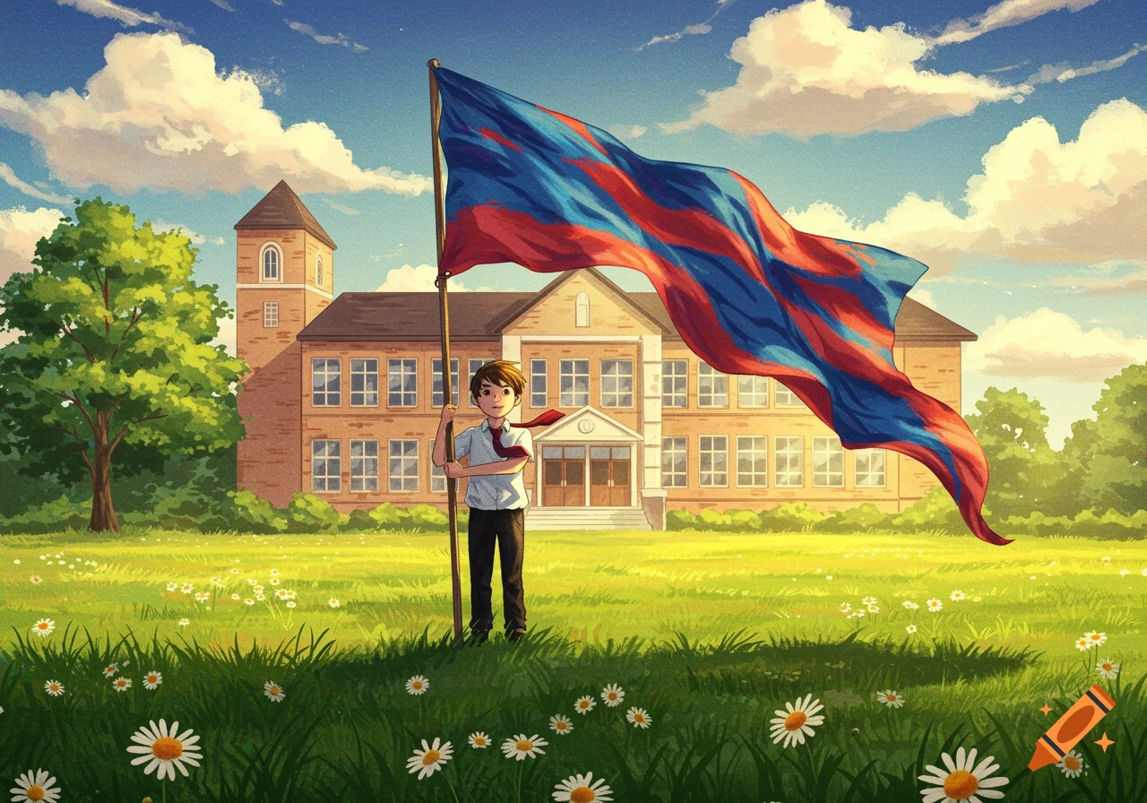 An illustrated schoolboy stands in a grassy field with daisies, holding a large blue and red flag in front of a school building under a sunny sky.