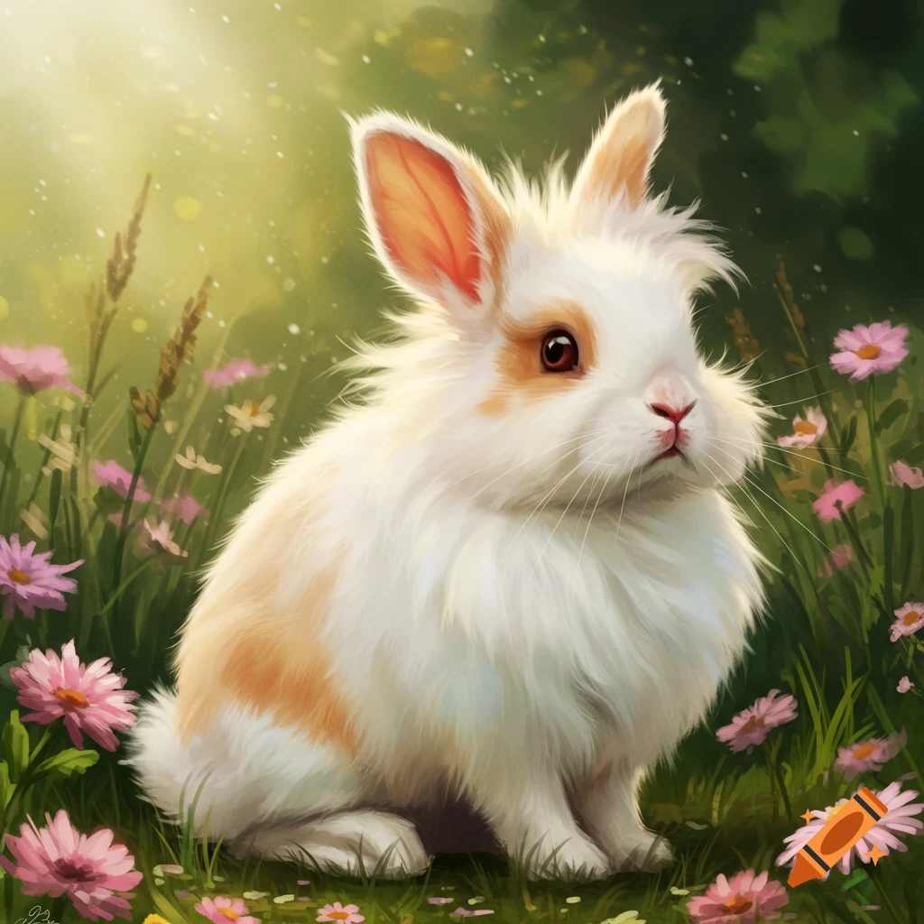 A fluffy white and orange rabbit sits among pink and purple flowers in a sunny field, depicted in a painterly style.