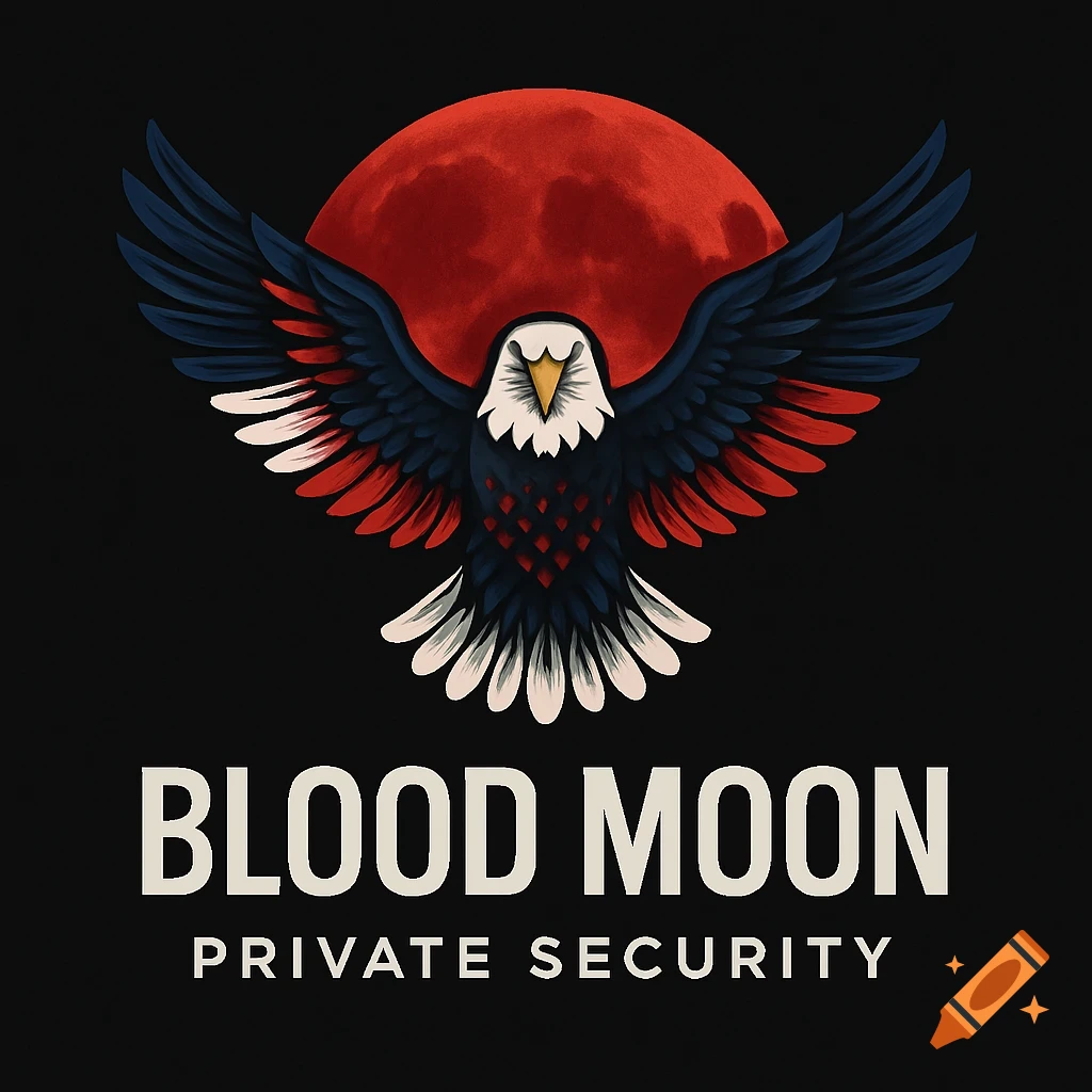 A bold logo with a stylized bald eagle in red, white, and blue against a red moon. Text: "BLOOD MOON PRIVATE SECURITY".