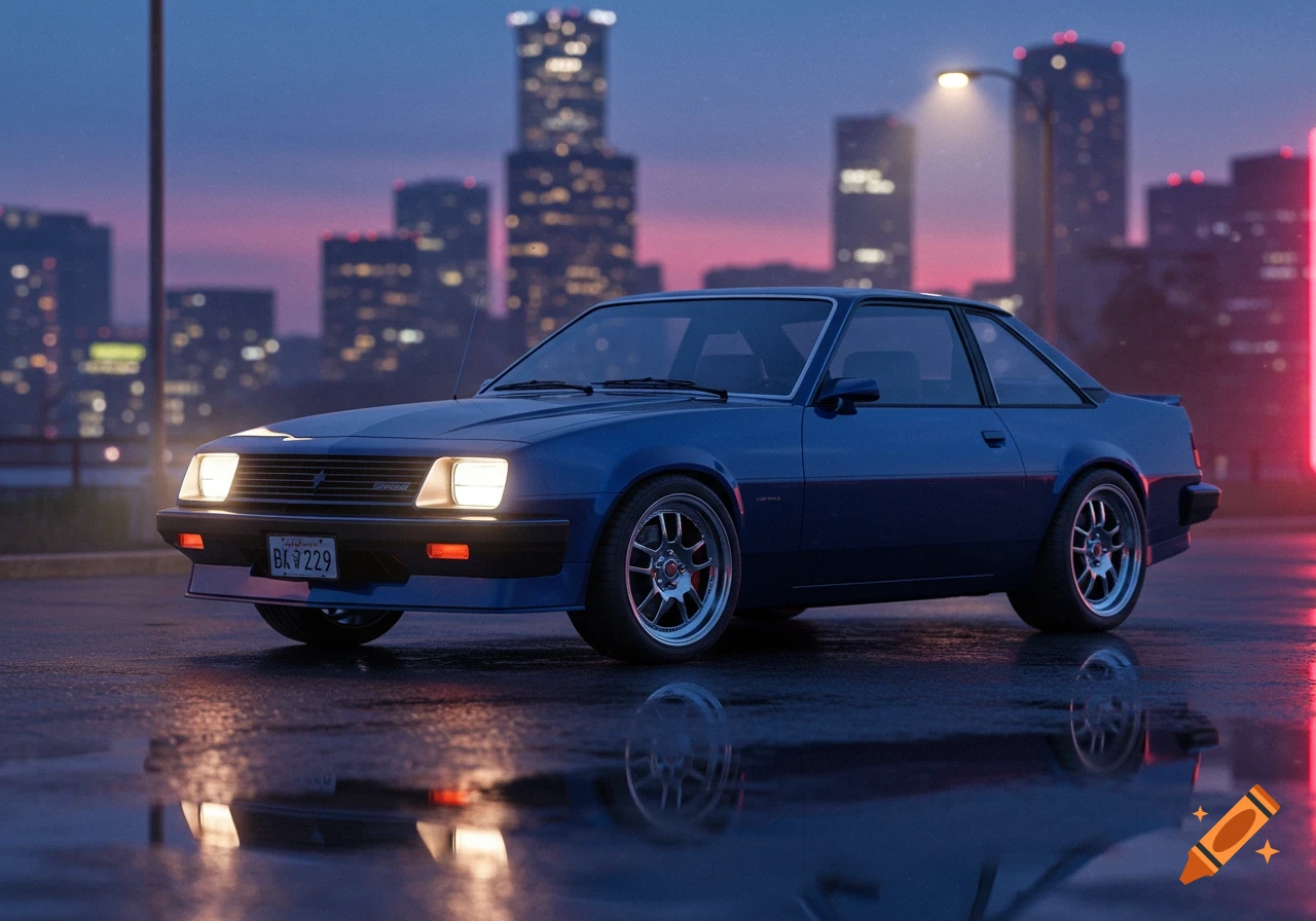 A blue 1980s Chevrolet Monza car parked on a wet street at dusk, with a city skyline in the background.