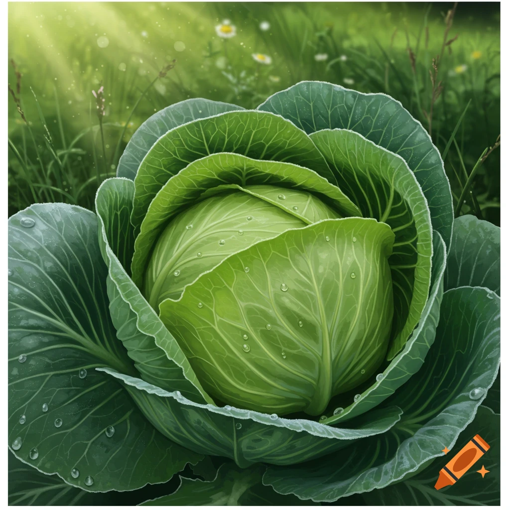Photorealistic close-up of a green cabbage head with water droplets in a sunny field.